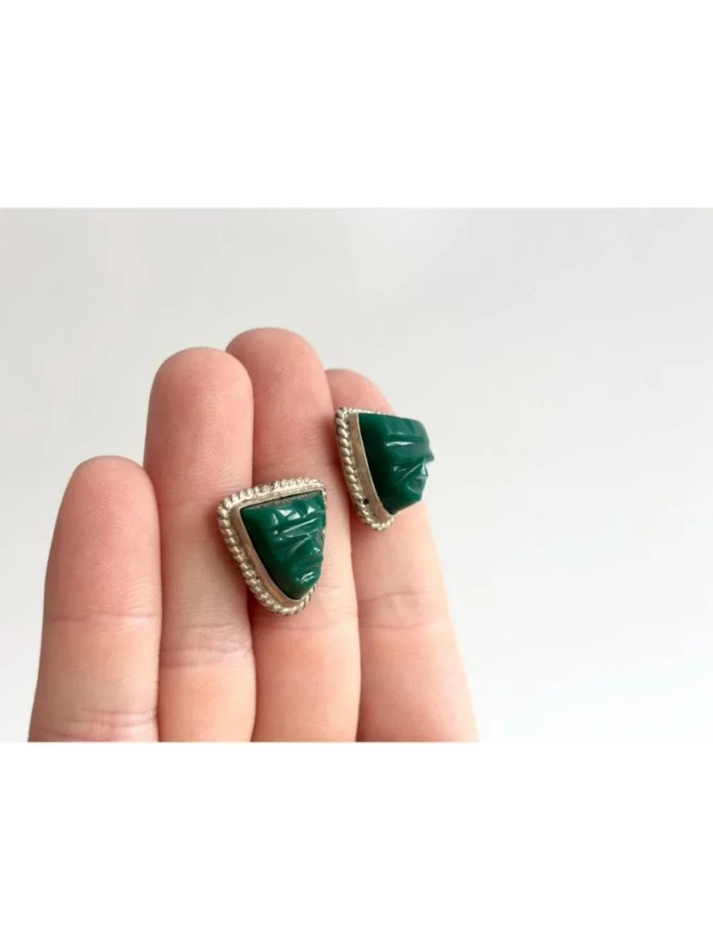 Green Onyx Gemstone Mask Taxco, Mexico Sterling Silver 925 Men's Cufflinks